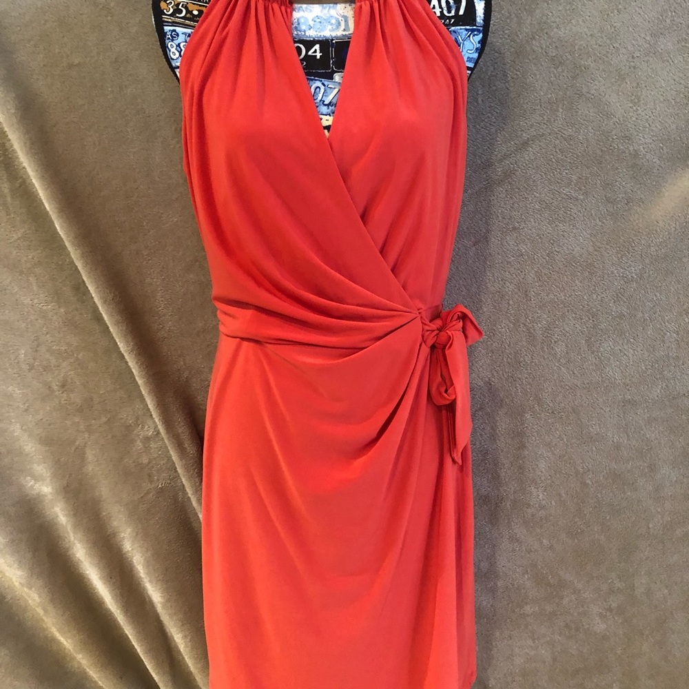 Coral with Gold Chain Neck Detail Dress